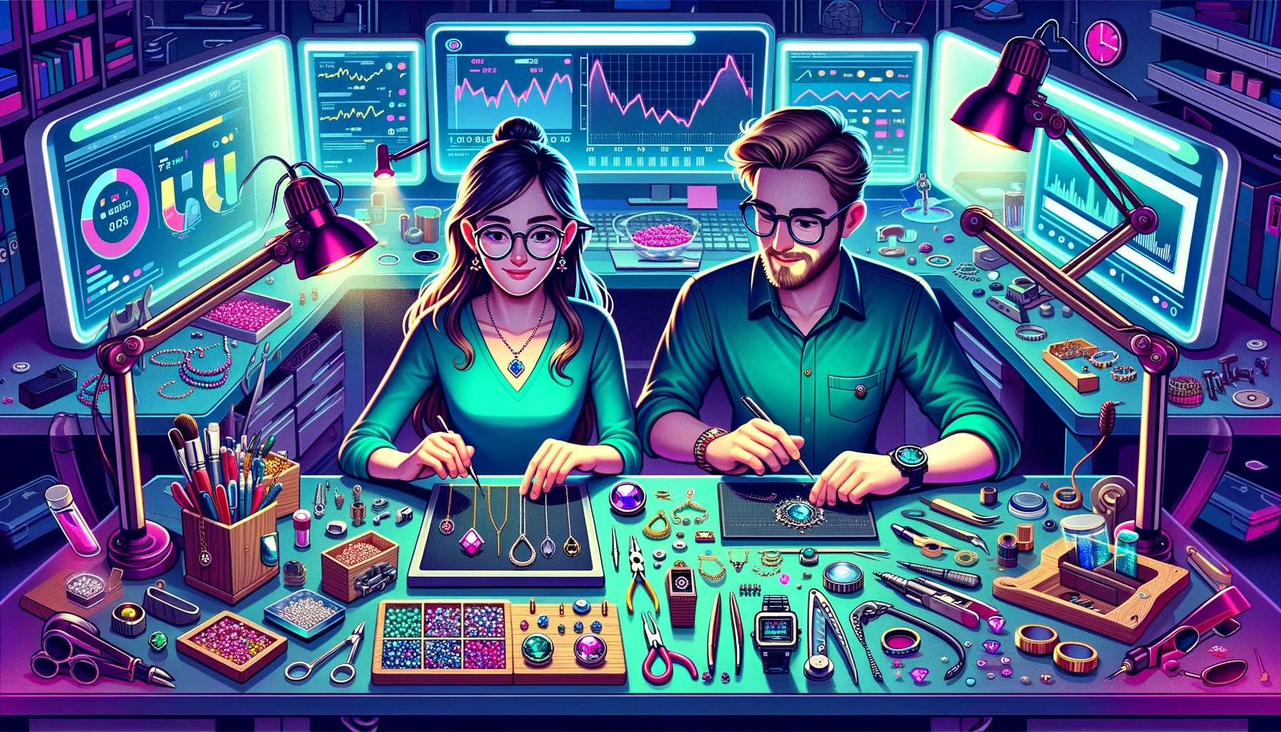 Workshop illustration with tools, screens, and jewelry-making details