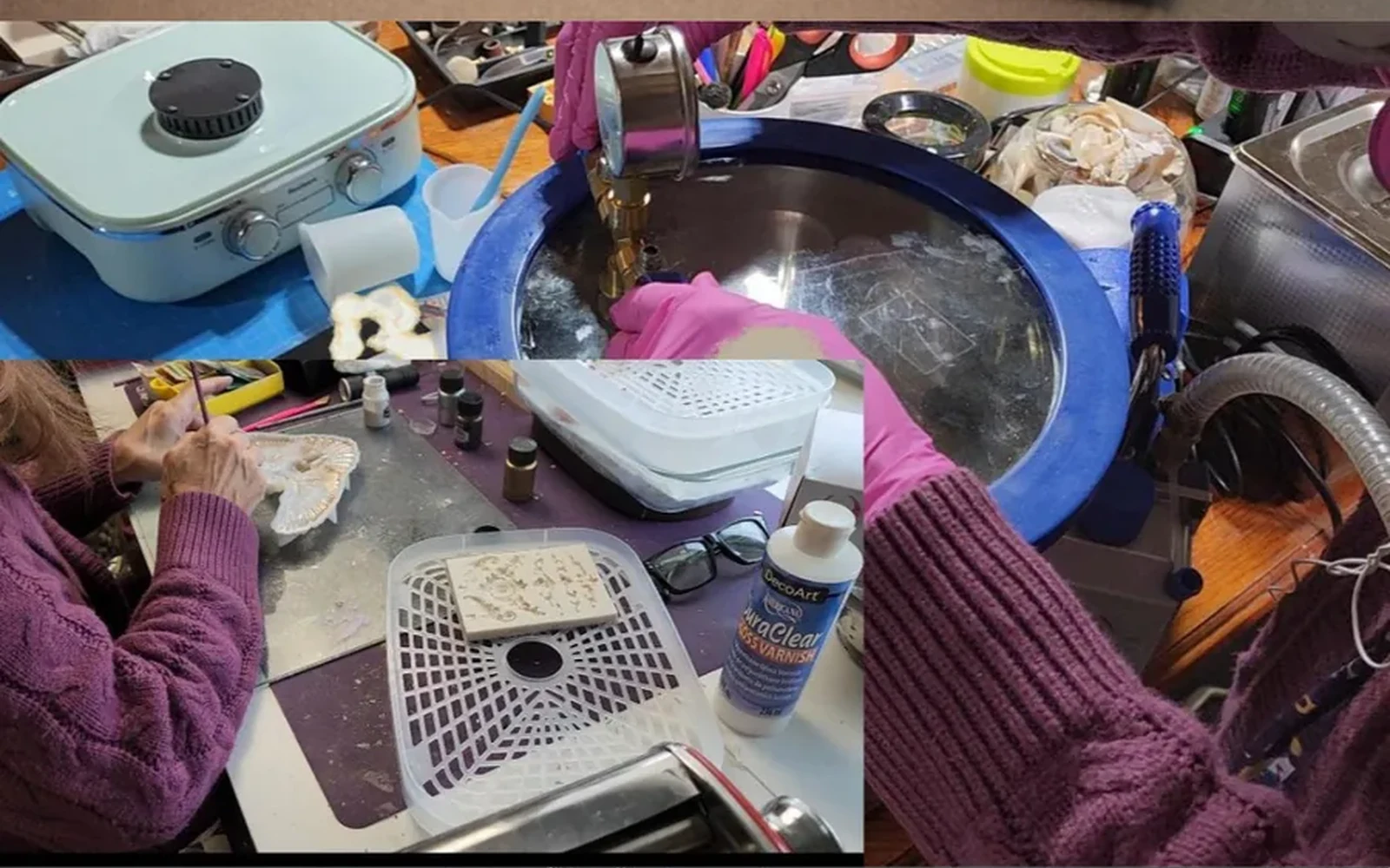 Representative Devil n Dove workshop workbench showing mixed creative materials and in-progress pieces