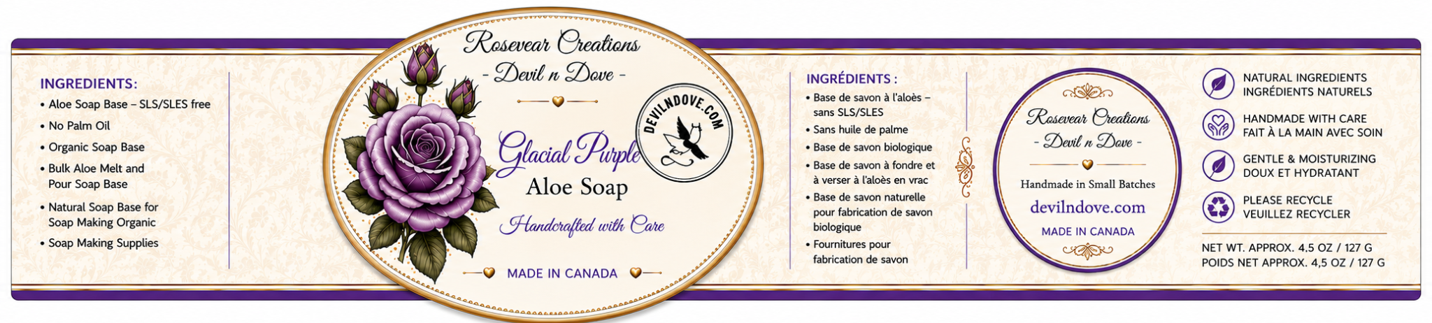 Scalloped soap ribbon packaging with centred brand and product wording, botanical purple rose, bilingual ingredient panels, rear medallion, claims and net weight sections